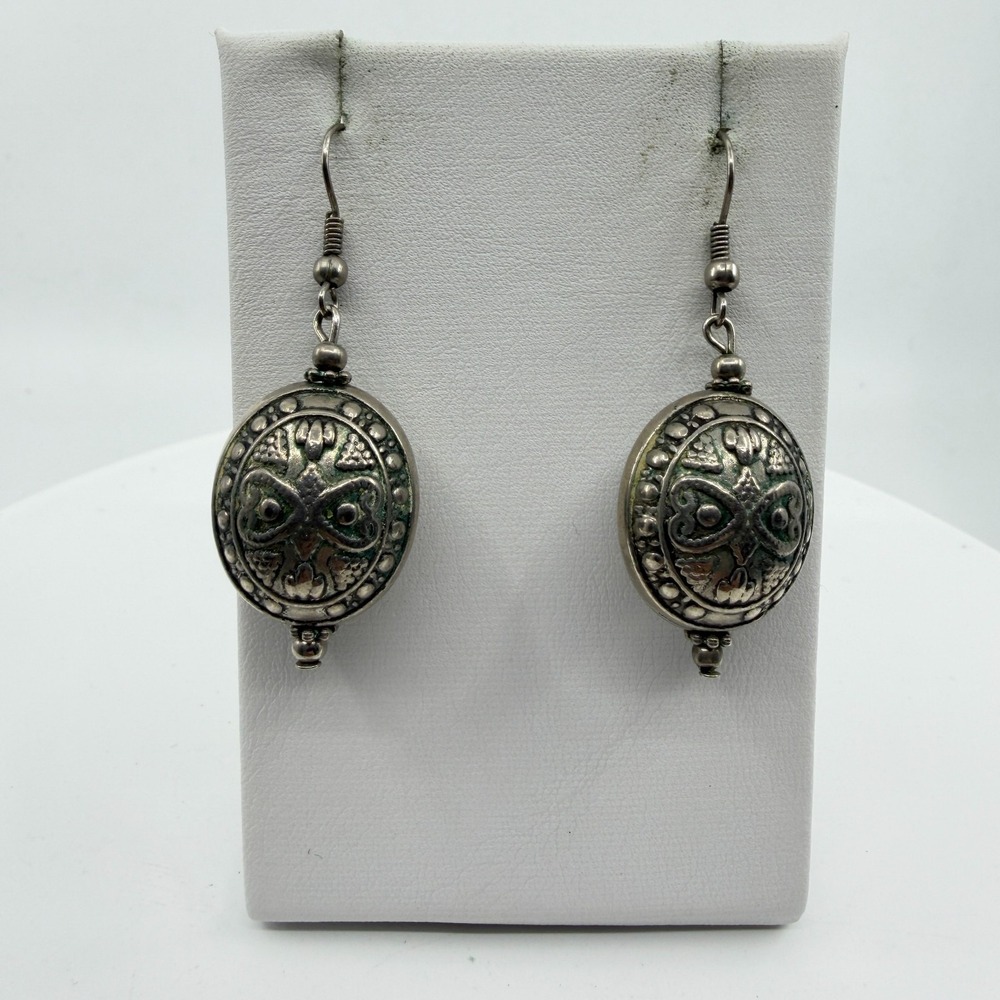 Owl Medallion Dangle Earrings Antiqued Silver Tone Green Patina Boho Gothic